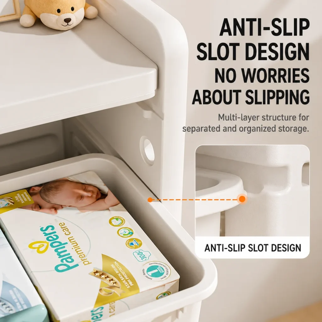 Smartly divided toddler toy storage cabinets featuring a smooth built-in anti-slip slot design to prevent plastic bins from dropping.