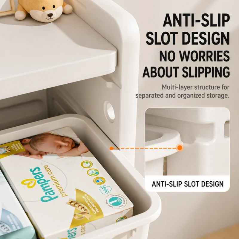 Smartly divided toddler toy storage cabinets featuring a smooth built-in anti-slip slot design to prevent plastic bins from dropping.