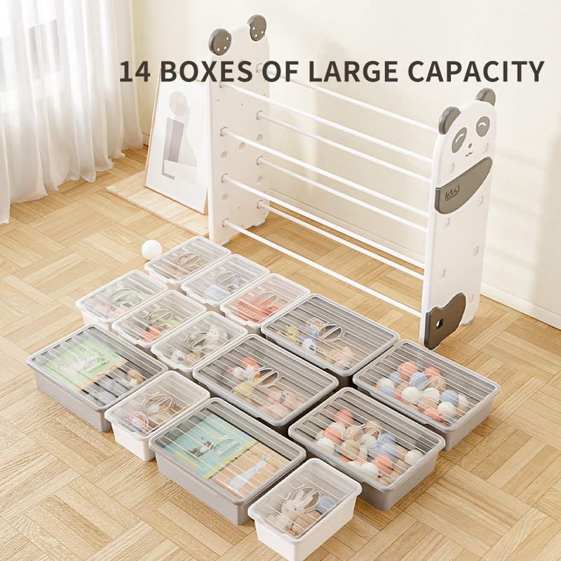 Custom eco-friendly kids storage racks with ASTM+CCPIA Testing Report highlighting an open multi-tier layout with 14 removable bins.