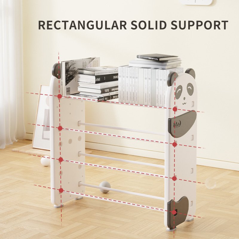 Heavy duty preschool storage shelves showcasing a rectangular steel rod support framework for maximum stability and load capacity.
