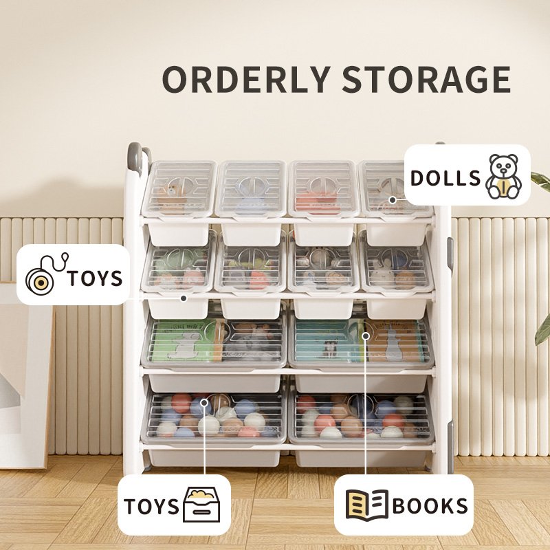 Smartly divided toddler toy storage cabinets showcasing an organized multi-tier layout with categorized sections for dolls and books.