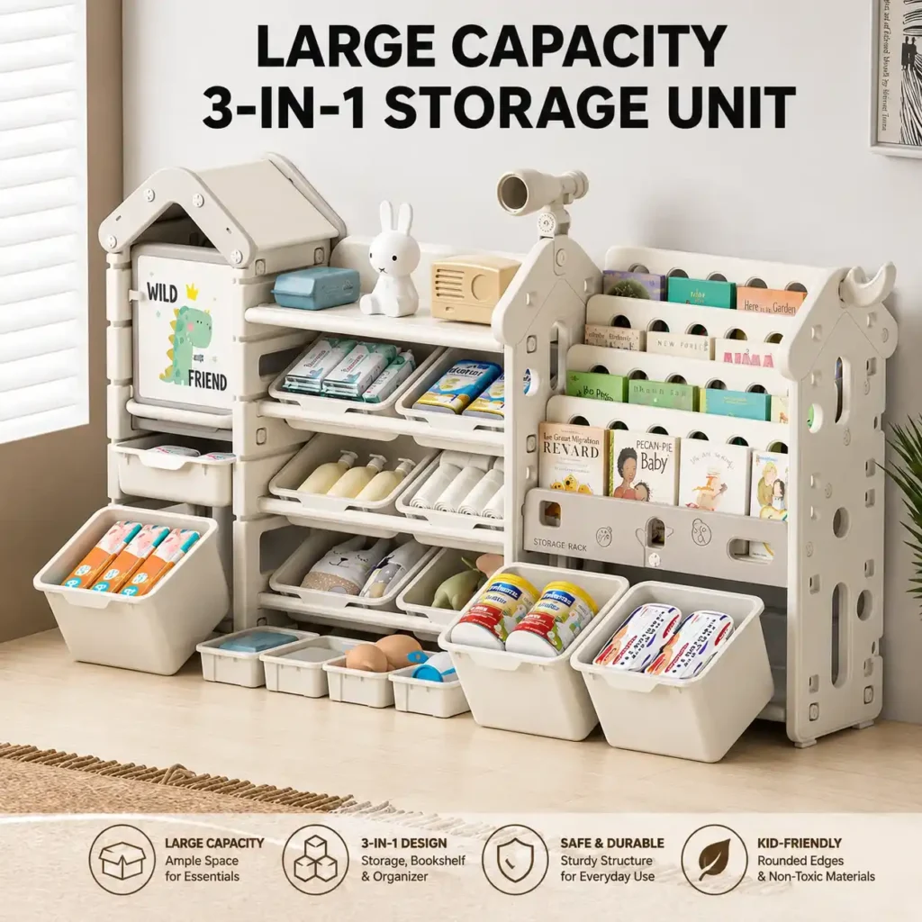 Minimalist kids playhouse storage organizer and forward-facing picture book rack combination set from wholesale nursery furniture supplier.