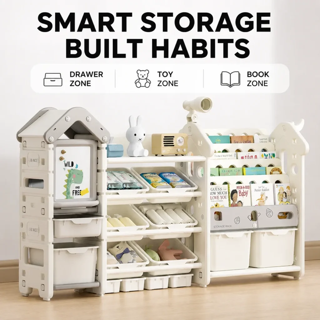 Custom eco-friendly kids storage racks showing a 3-in-1 playhouse layout with clear drawer zone, toy bin zone, and bookrack zone.