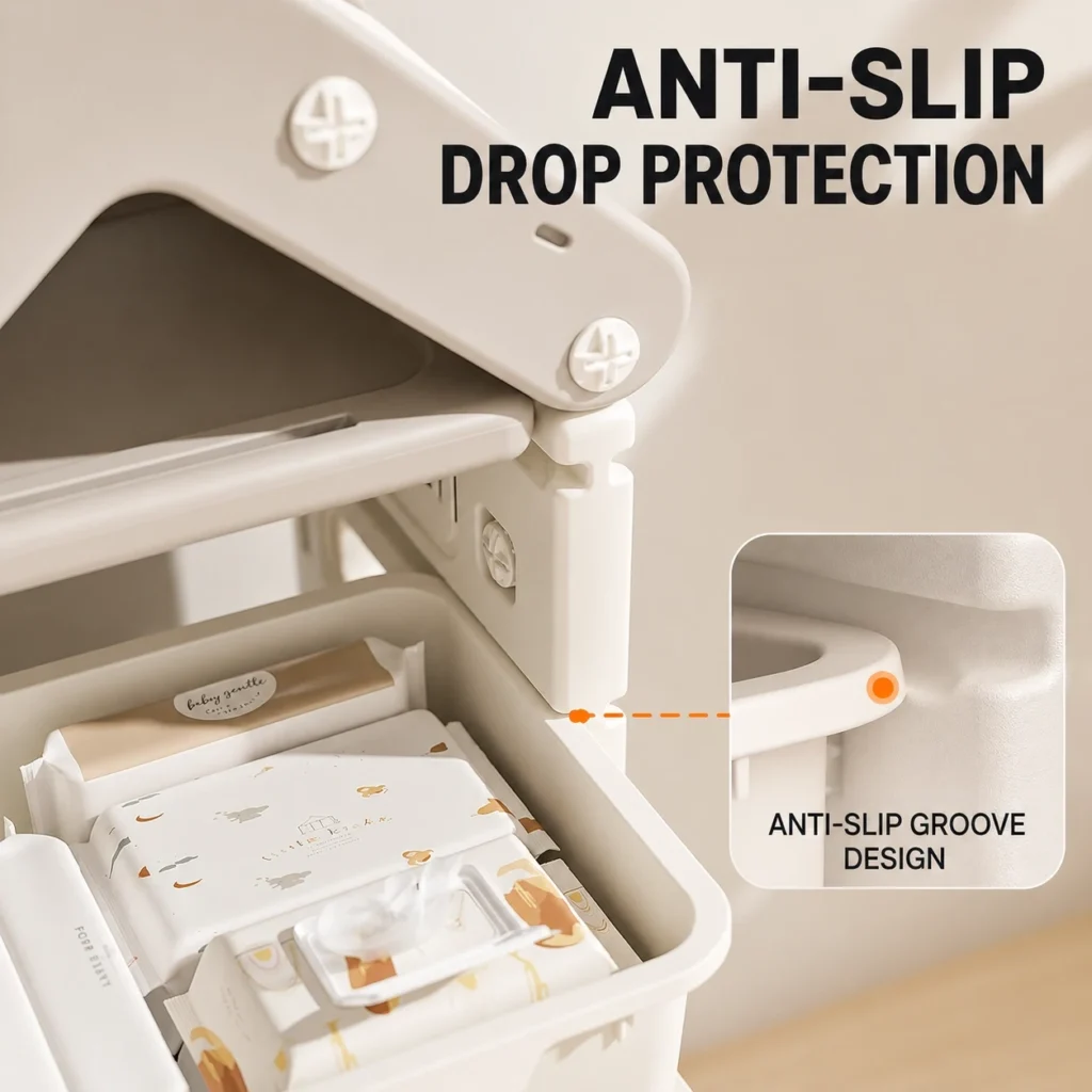 High capacity preschool bookcases showcasing a safe toddler storage shelf setup with anti-slip groove design for drop protection.
