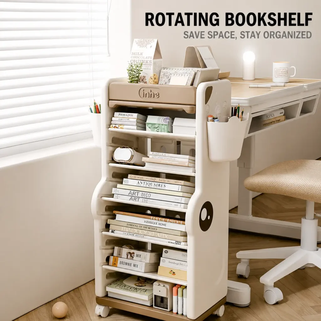 Minimalist kids rotating bookshelf next to a toddler study desk in a modern nursery playroom from wholesale furniture supplier.