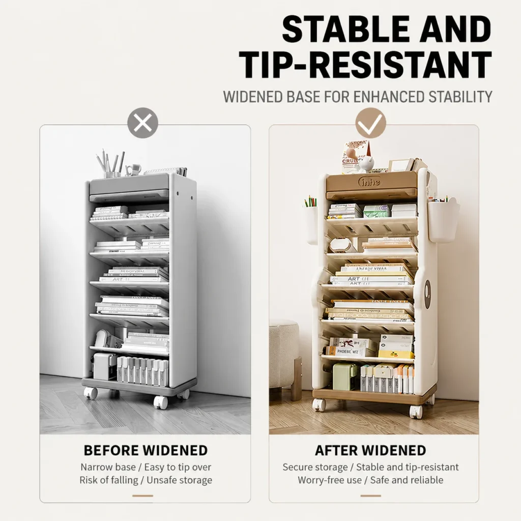 CE certified children bookshelf wholesale from China showing a widened base design for enhanced stability and tip-resistant safety.