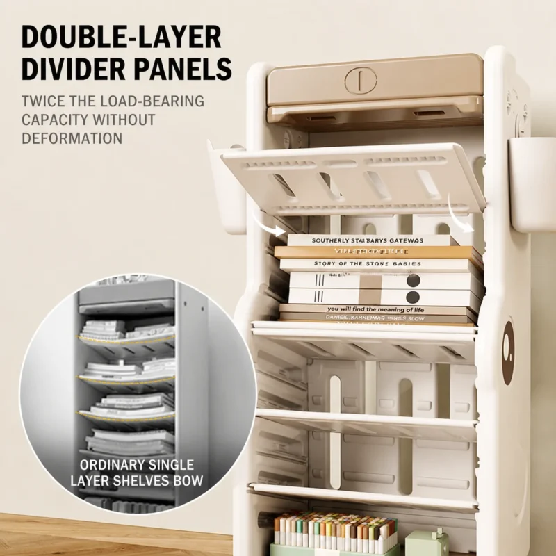 ASTM-compliant kids book rack from China featuring double-layer divider panels for twice the load-bearing capacity without deformation.