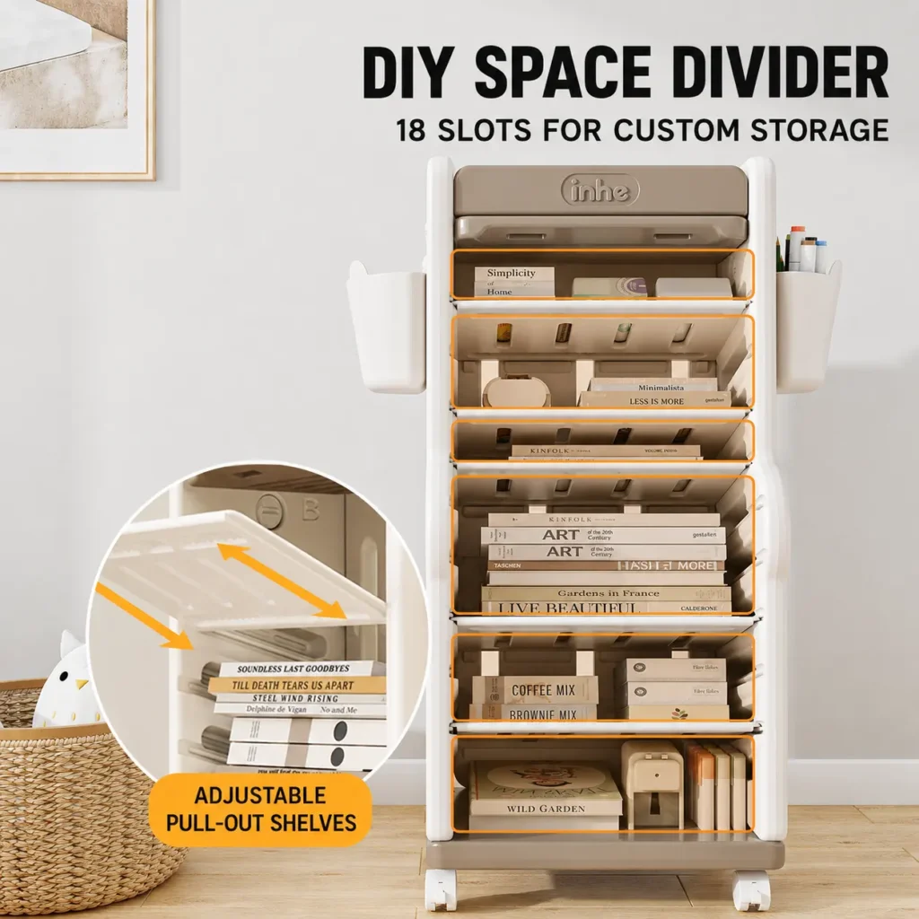 Custom plastic bookshelf for preschool featuring adjustable pull-out shelves and 18 slots for flexible custom storage solutions.