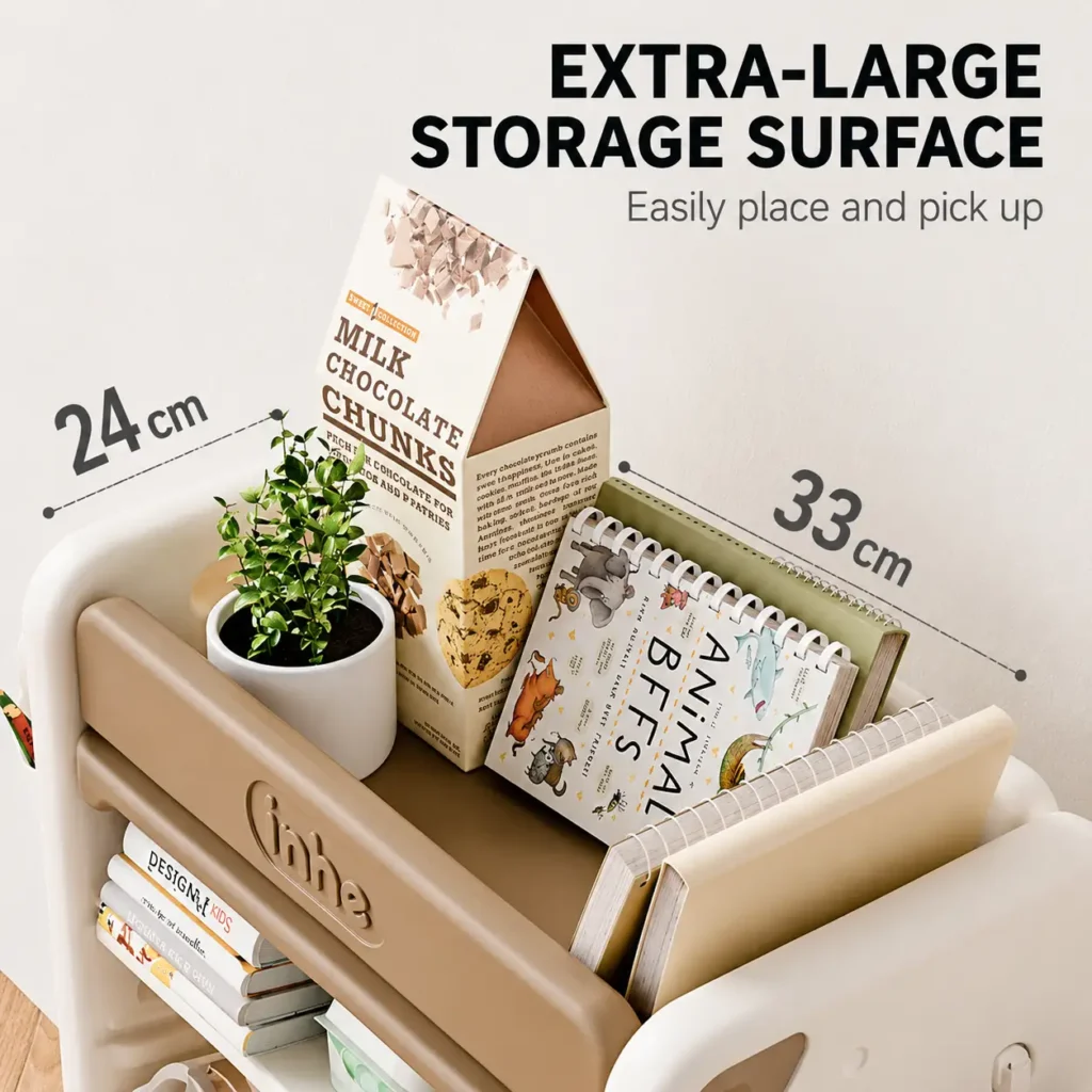 High-capacity preschool bookcases showing an extra-large top storage surface with 24cm depth and 33cm width for easy access.