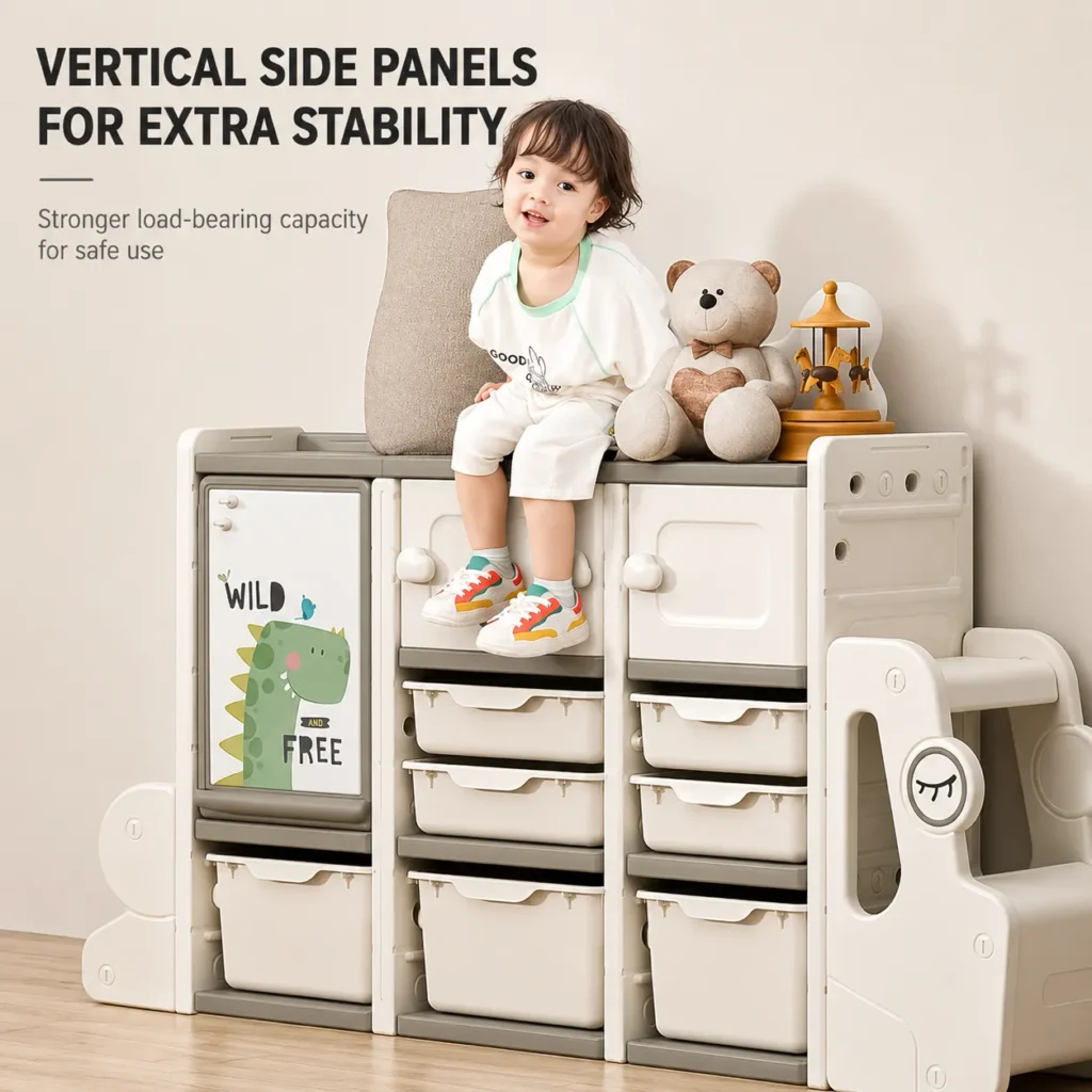 CE certified children bookshelf wholesale from China showcasing thick vertical side panels for heavy load bearing stability and child safety.