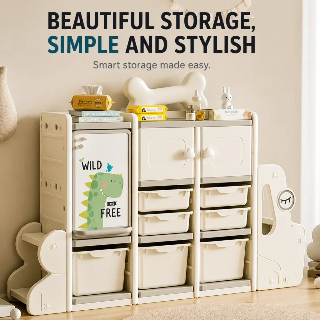 Minimalist kids puppy theme bookshelf and premium nursery toy storage cabinets set in a modern classroom from wholesale supplier.