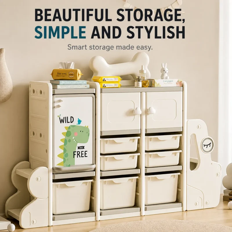 Minimalist kids puppy theme bookshelf and premium nursery toy storage cabinets set in a modern classroom from wholesale supplier.