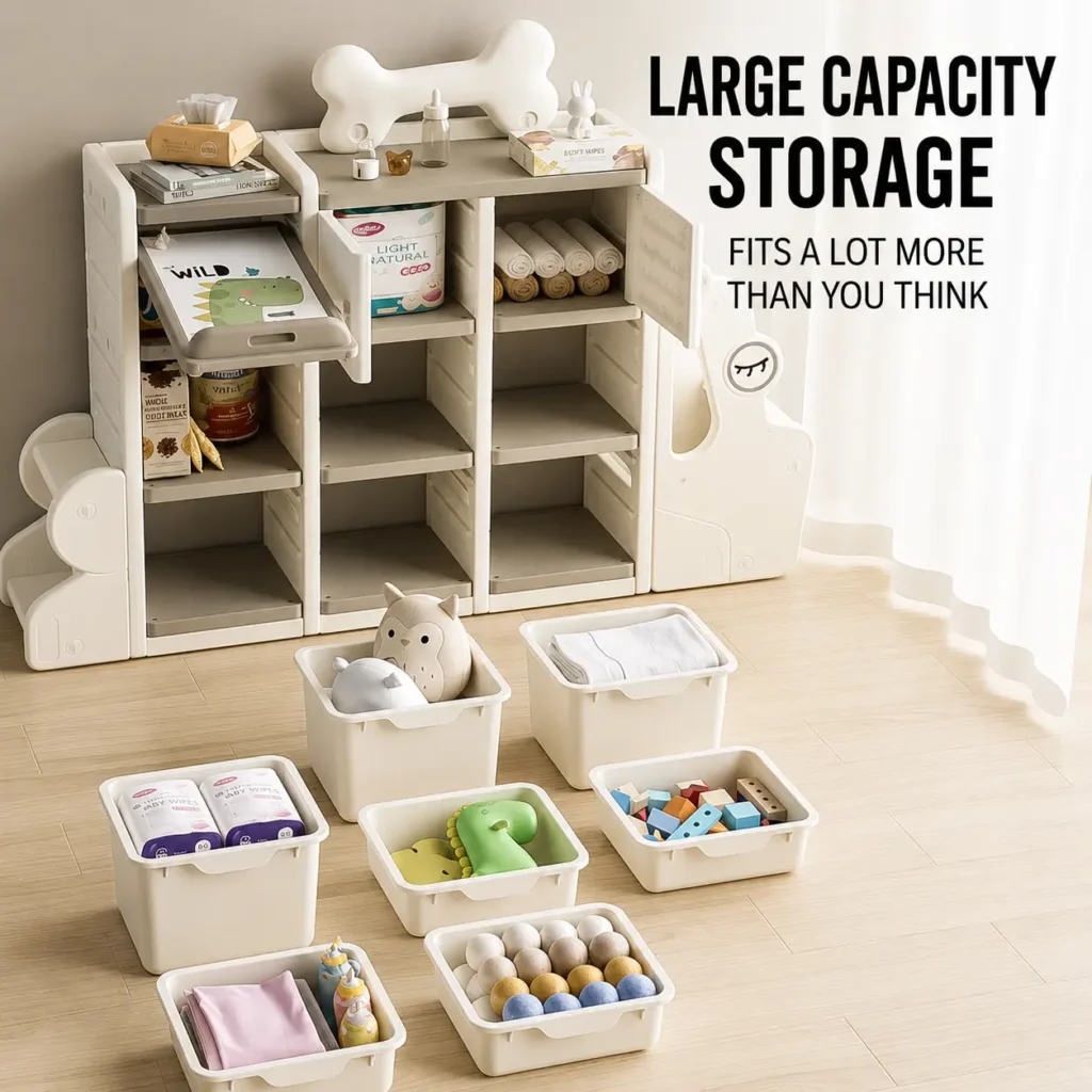 Custom eco-friendly kids storage racks OEM showing the ultimate large capacity storage with multiple removable plastic toy bins removed.