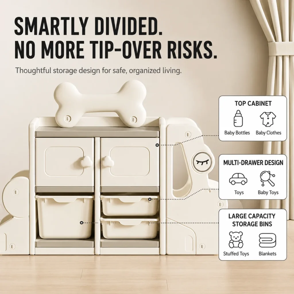 High capacity preschool bookcases showcasing a multi-drawer design and safe puppy theme toy cabinet system structured to prevent tipping.