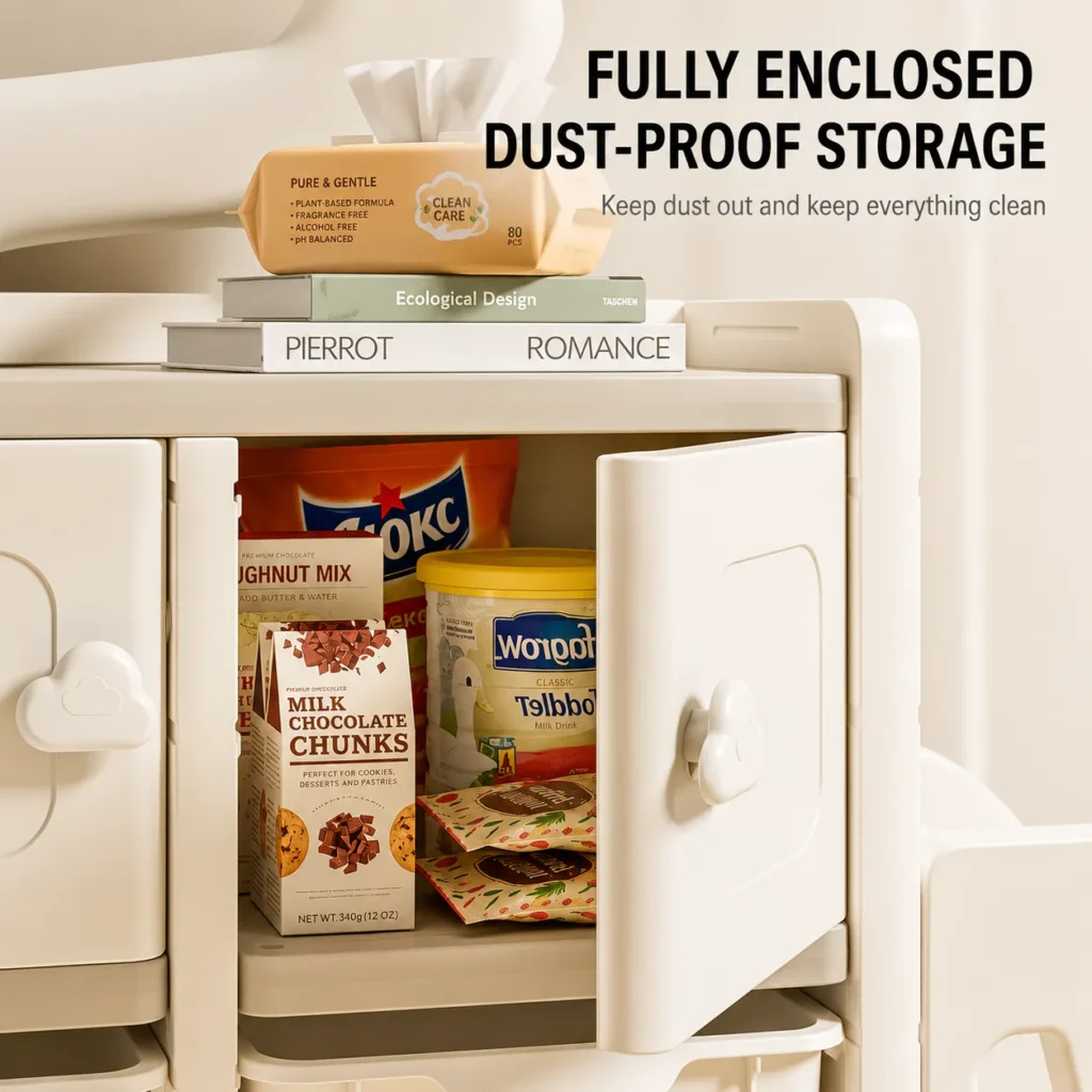 ASTM-compliant kids toy storage organizer featuring a fully enclosed dust-proof storage cabinet with cloud shaped handles for toddler snacks.