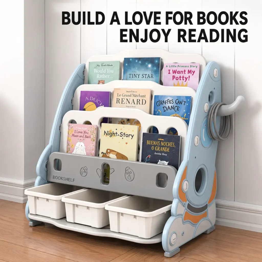 Stable children furniture wholesale showing a plastic toddler rocket bookrack and toy storage solutions for modern daycare centers.
