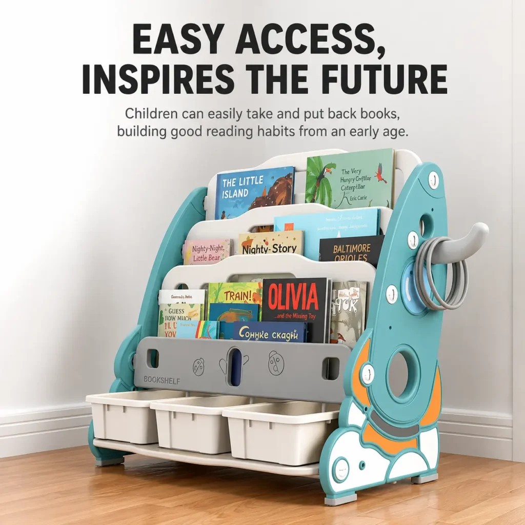Minimalist kids rocket theme bookshelf and nursery forward-facing picture book organizer from wholesale children furniture manufacturer.