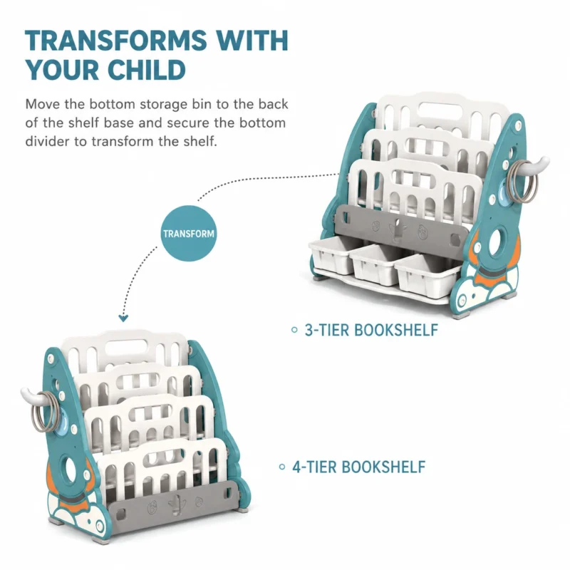 Custom eco-friendly kids storage racks with a modular design that transforms between a 3-tier and 4-tier toddler book rack.
