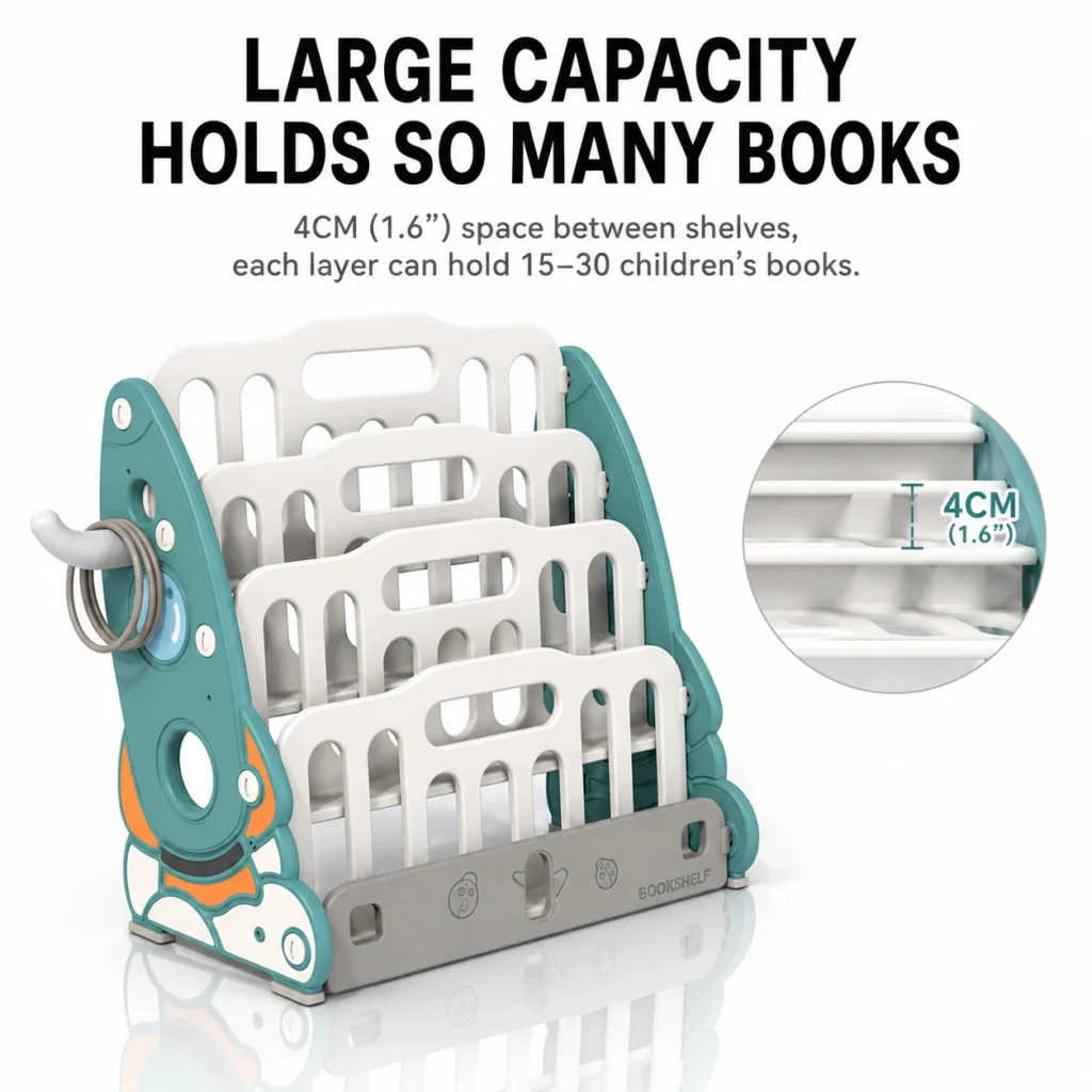 High capacity preschool bookcases featuring a 4cm shelf spacing holding 15 to 30 children books per layer with a cartoon rocket design.