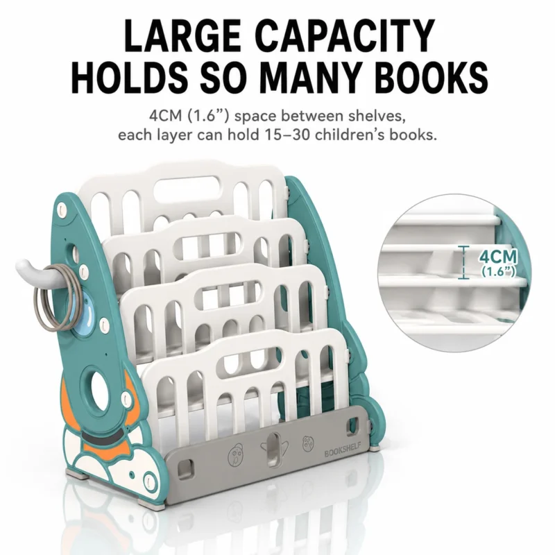 High capacity preschool bookcases featuring a 4cm shelf spacing holding 15 to 30 children books per layer with a cartoon rocket design.