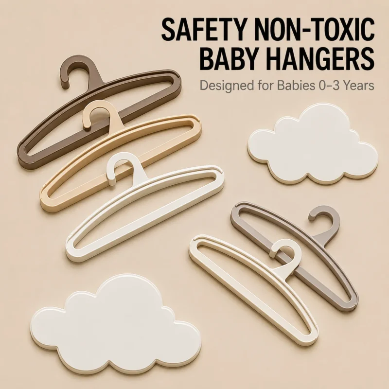 Minimalist kids clothing hangers compliant with CPC Certificate guidelines featuring a safe non-toxic structural design for toddler care.