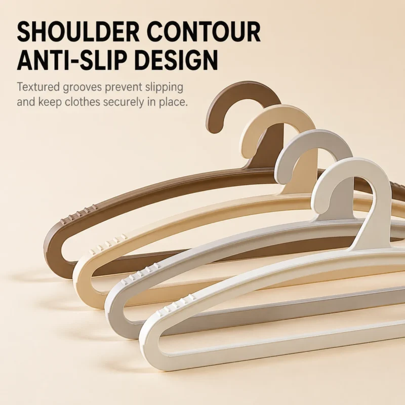 Thickened plastic children clothes hangers from China supplier highlighting a scientific contoured shoulder framework with anti-slip grooves.
