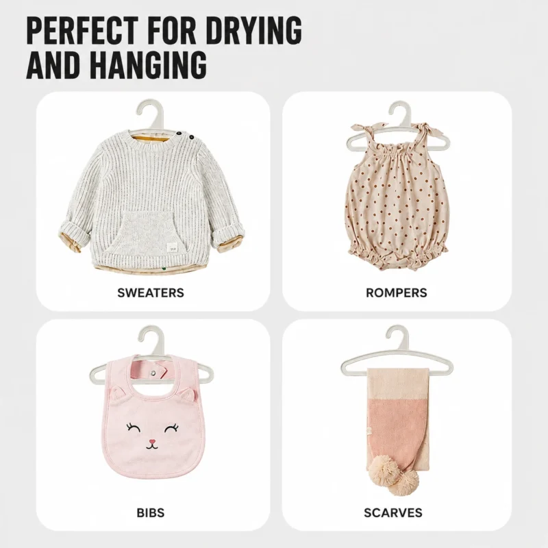 Smartly divided children wardrobe organizer system displaying dynamic support configurations for sweaters, rompers, and bibs.