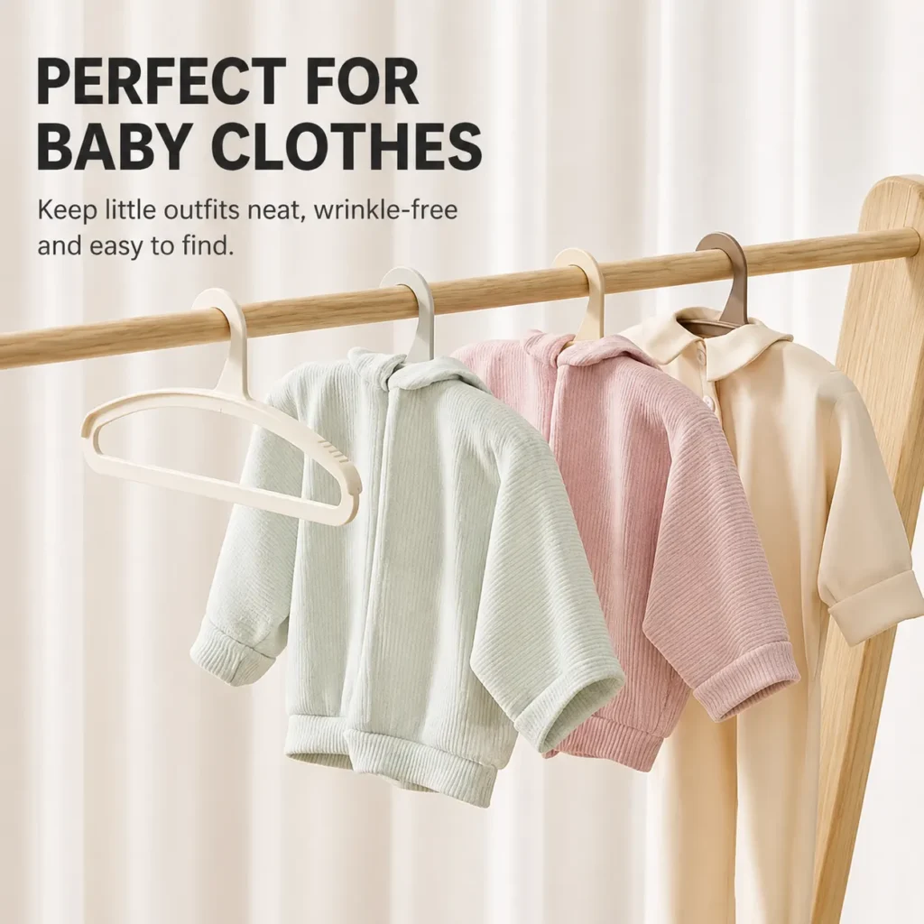 Multi-functional toddler clothes hangers showcasing a minimalist open hanging layout for children nursery wardrobe storage.