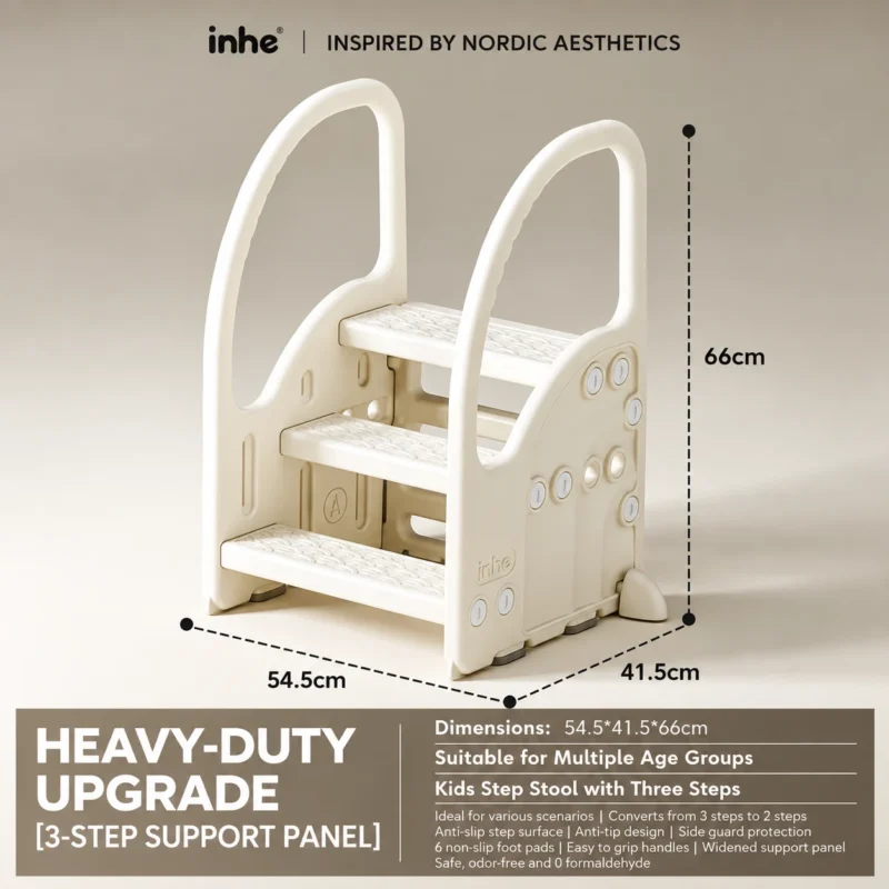 Heavy-duty upgrade kids step stool with three steps, featuring Nordic sea lion aesthetic, 54.5x41.5x66cm compact dimensions, non-slip textured surfaces, and anti-tip foot pads.