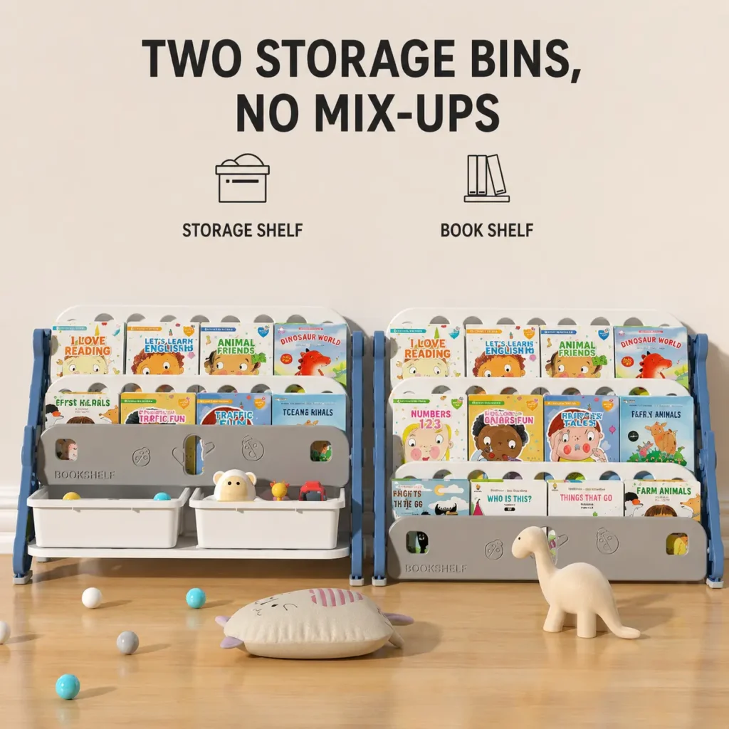 High capacity preschool bookcases showcasing two shark theme toddler book racks paired together for flexible book and toy categorization.