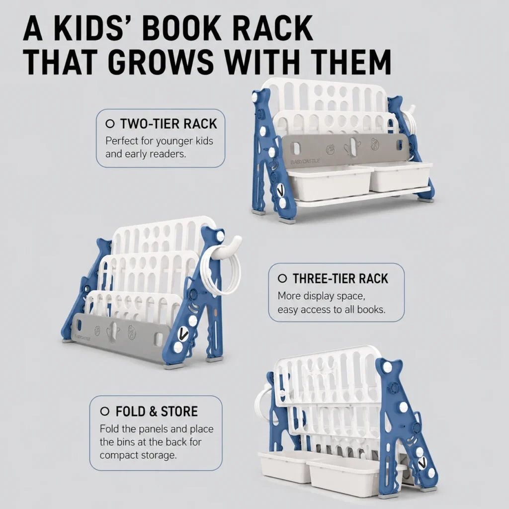 Custom eco-friendly kids storage racks wholesale showing a modular design that easily converts between 2-tier, 3-tier, and compact storage modes.