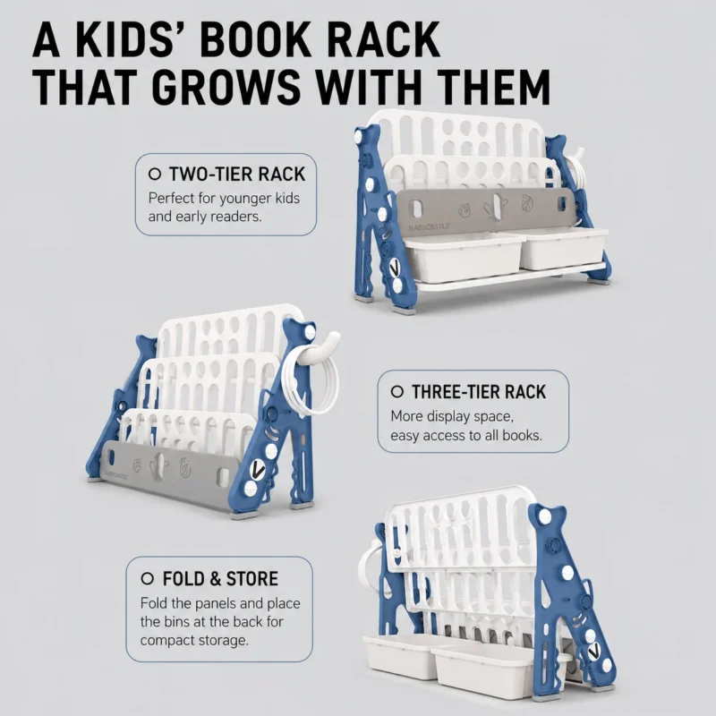 Custom eco-friendly kids storage racks wholesale showing a modular design that easily converts between 2-tier, 3-tier, and compact storage modes.