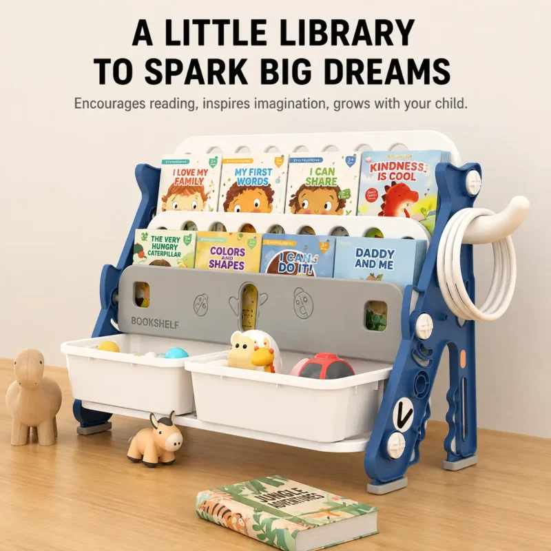 Minimalist kids shark theme bookshelf and nursery forward-facing picture book organizer from wholesale children furniture manufacturer.