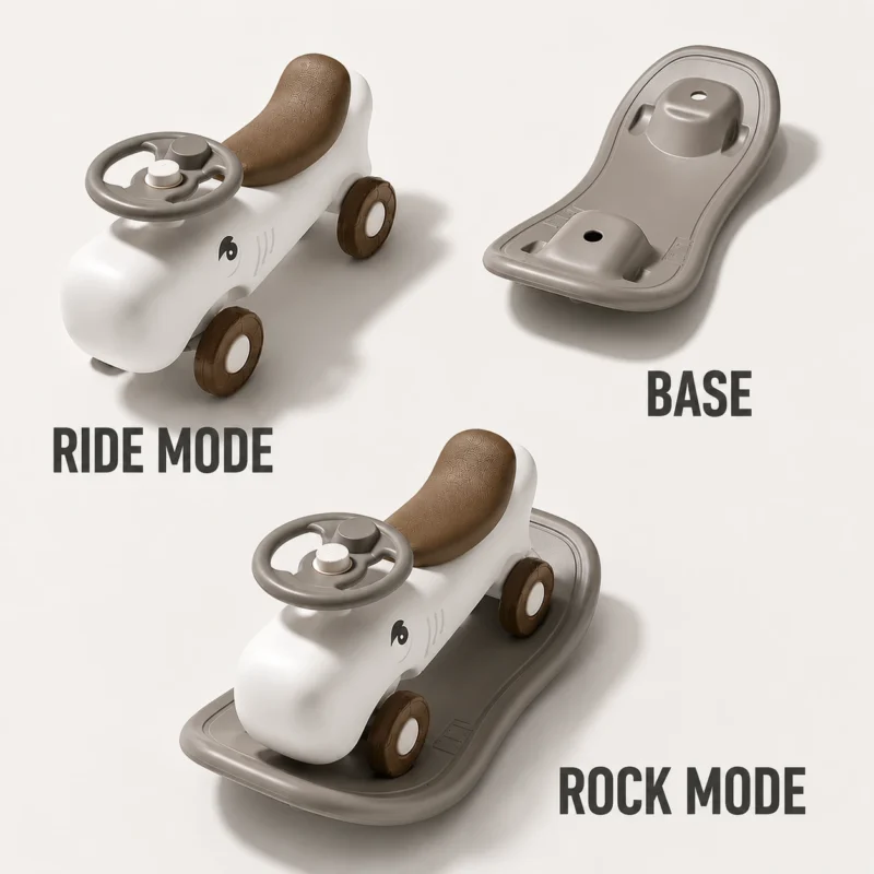 Custom eco-friendly kids storage rocker certified by CE Certificate guidelines showing a convertible 2-in-1 modular base layout.