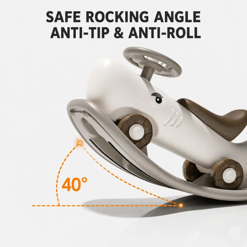 Ergonomic plastic rocking horse exhibiting a scientific 40-degree anti-topple structural design to prevent rollover during play.