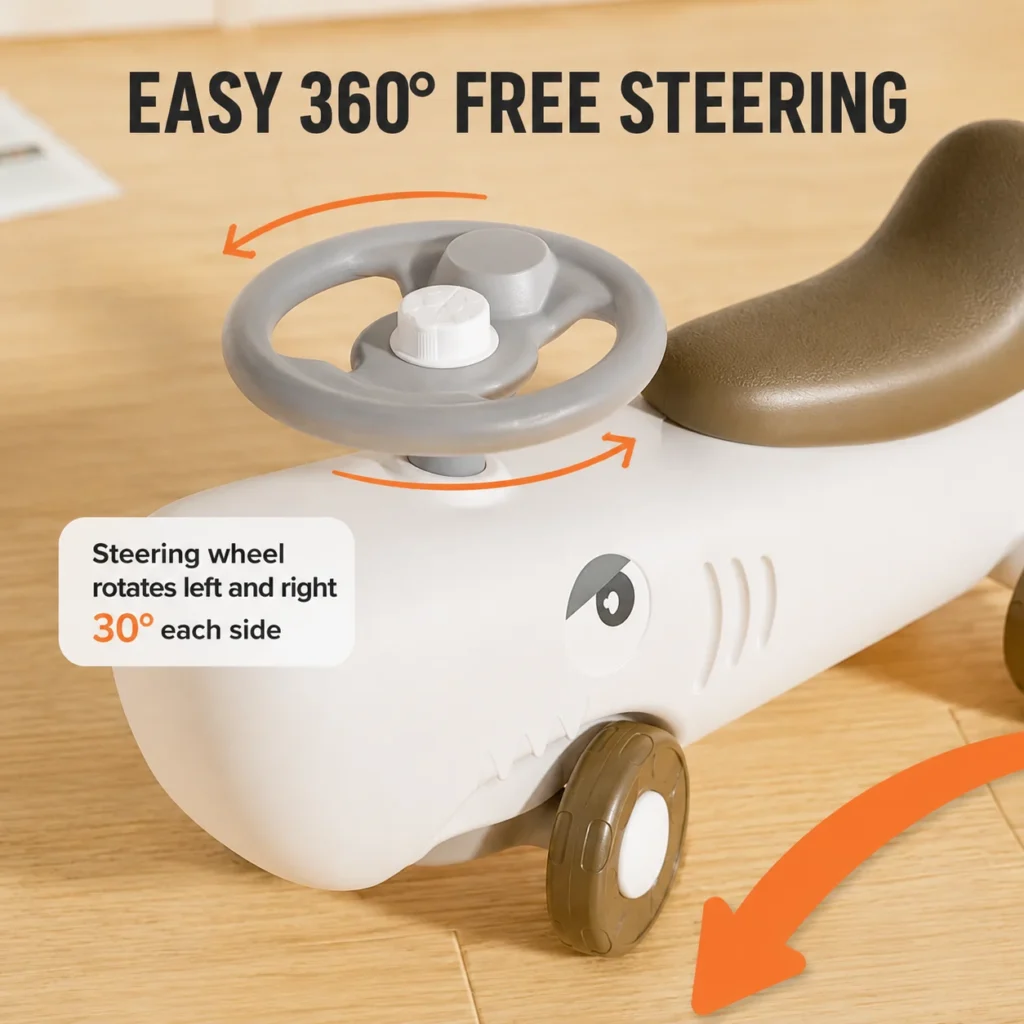 Toddler modular balance car from China supplier showcasing a 360-degree free steering wheel with safety angle restriction.