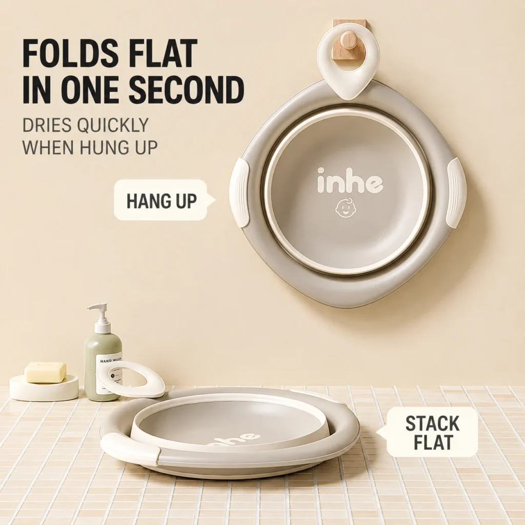 Space-saving design collapsible washbasin wholesale showing a flat folded basin hung on a wall hook for nursery furniture storage.