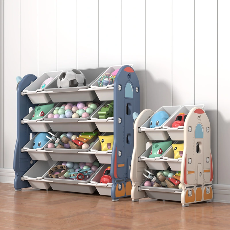 Heavy duty preschool storage shelves from China factory highlighting a combined spaceship theme design with removable open bins.