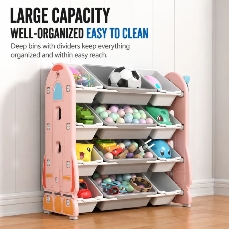 Minimalist kids plastic toy organizer compliant with CPC Certificate requirements for daycare and preschool playroom organization.