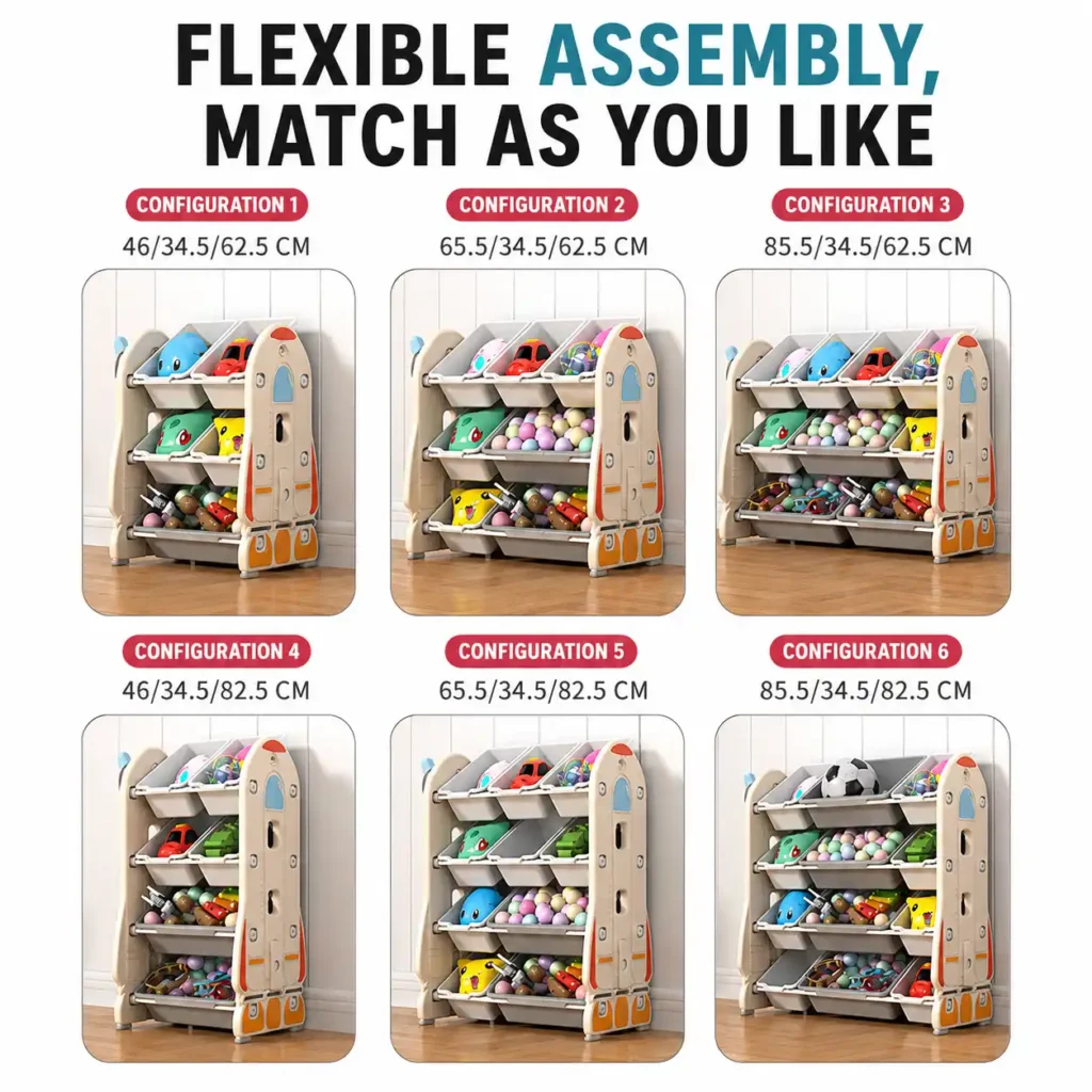 Flexible modular children storage cabinet showcasing multiple combination setups and customizable sizes for nursery spaces.