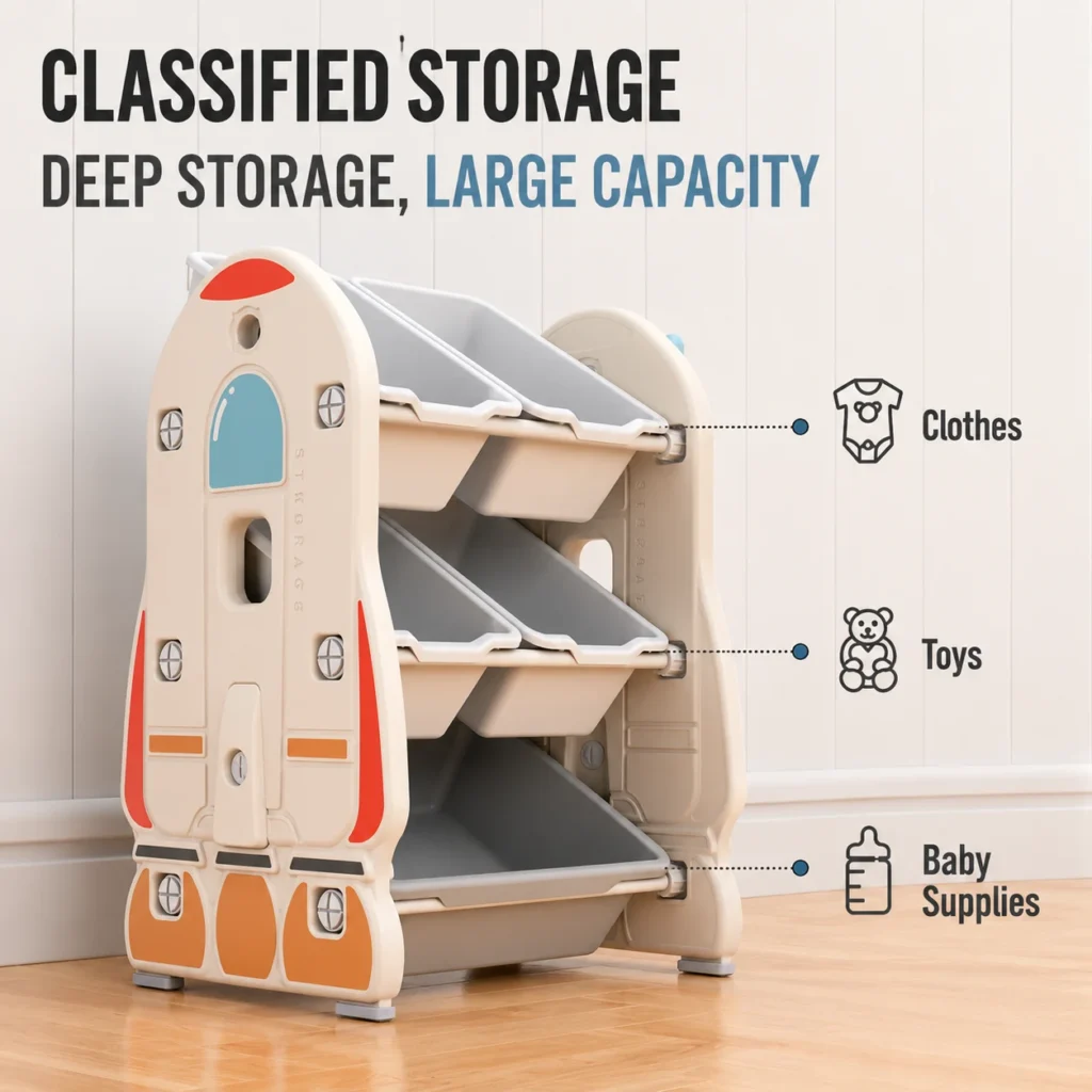 Custom eco-friendly kids storage racks with ASTM+CCPIA Testing Report featuring a modular layout with deep plastic toy bins.