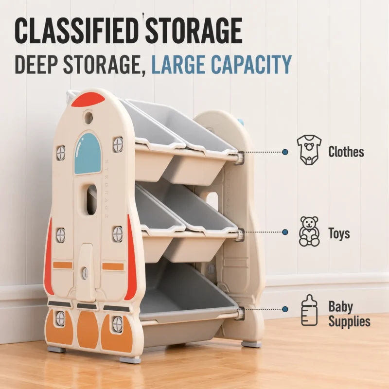 Custom eco-friendly kids storage racks with ASTM+CCPIA Testing Report featuring a modular layout with deep plastic toy bins.