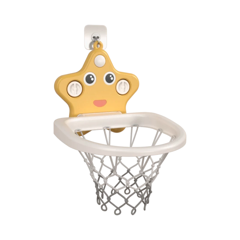Yellow star shape kids basketball hoop with a durable hanging net from OEM/ODM children sports equipment manufacturer.
