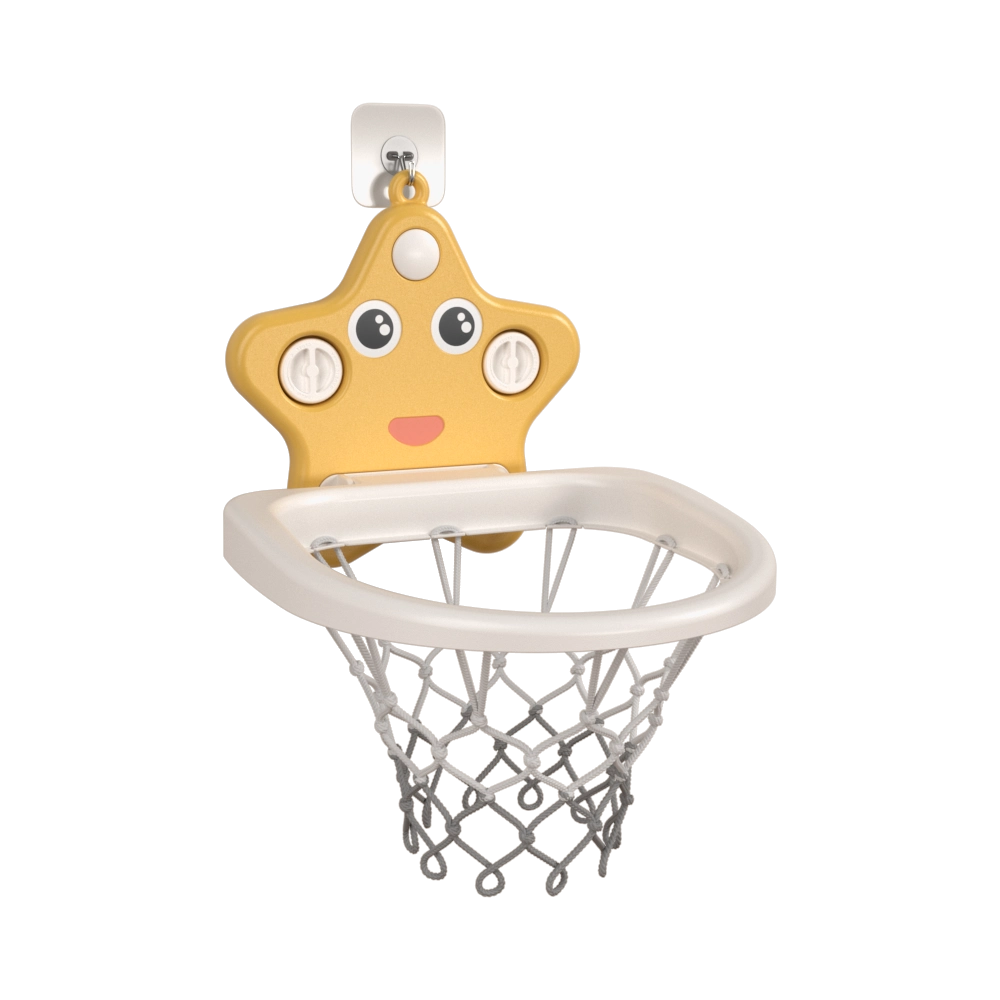 Yellow star shape kids basketball hoop with a durable hanging net from OEM/ODM children sports equipment manufacturer.