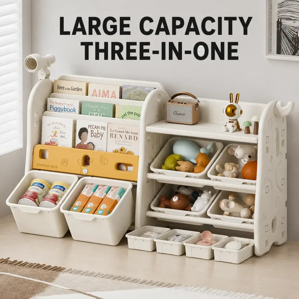 CE certified children bookshelf wholesale from China showcasing a premium 3-in-1 layout with heavy load bins and nursery toy cabinets.