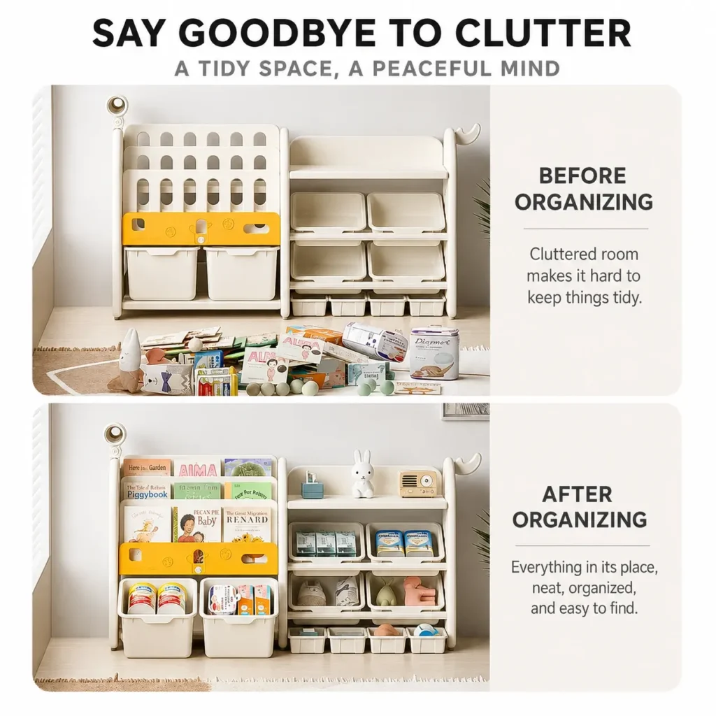 Custom eco-friendly kids storage racks B2B display showing before and after organizing comparison for a tidy daycare center environment.