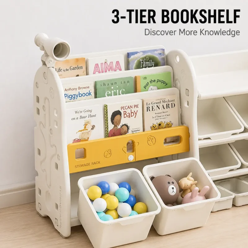 High capacity preschool bookcases featuring a compact 3-tier bookshelf with forward facing tier display and open bins underneath.