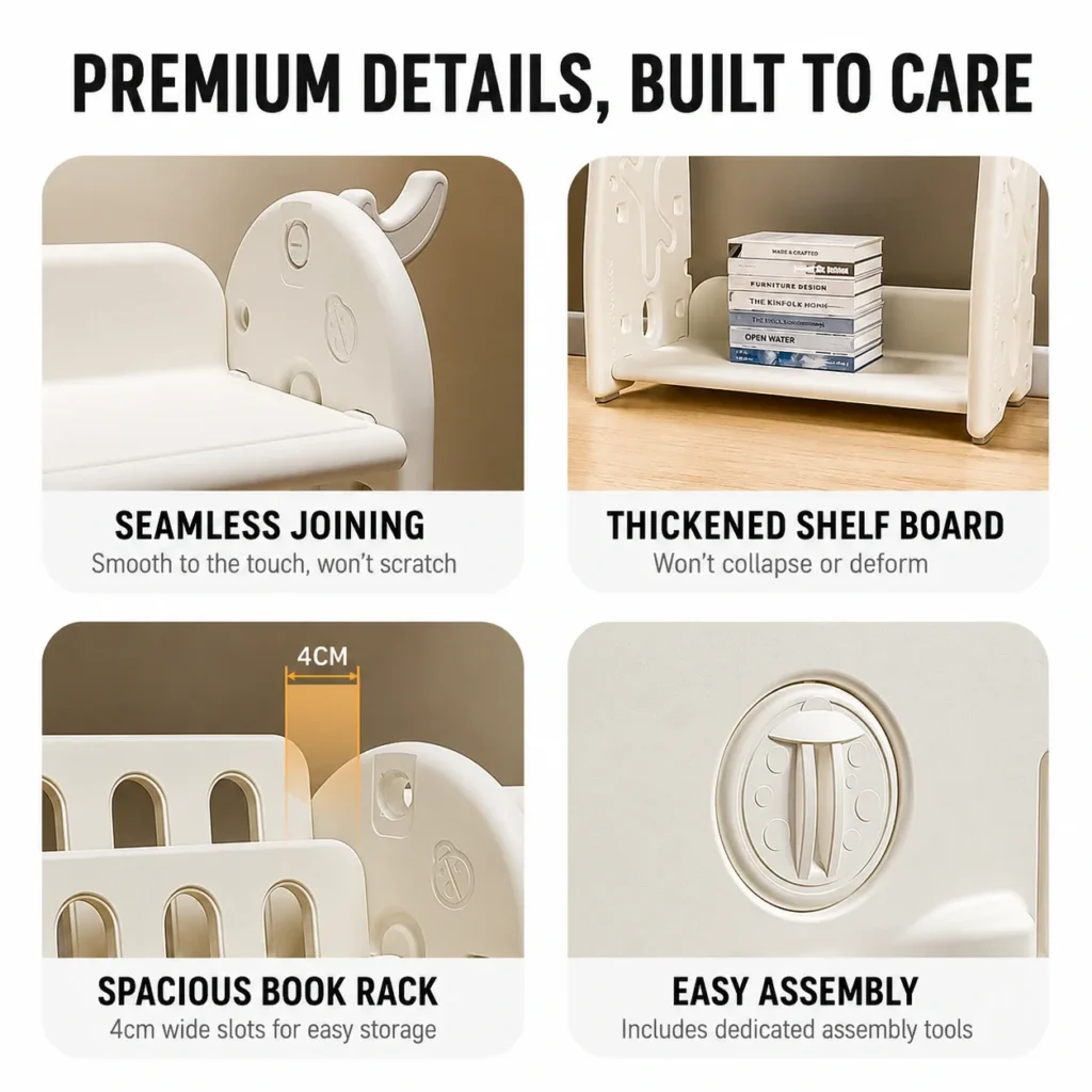 ASTM-compliant kids toy storage organizer wholesale from China factory highlighting a thickened shelf board and 4cm spacious book rack slots.