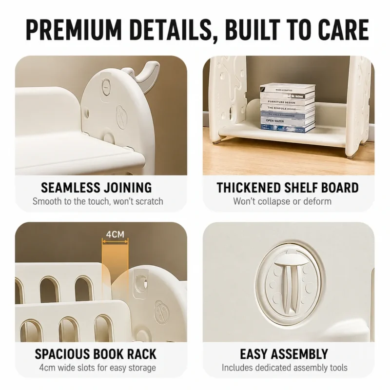 ASTM-compliant kids toy storage organizer wholesale from China factory highlighting a thickened shelf board and 4cm spacious book rack slots.
