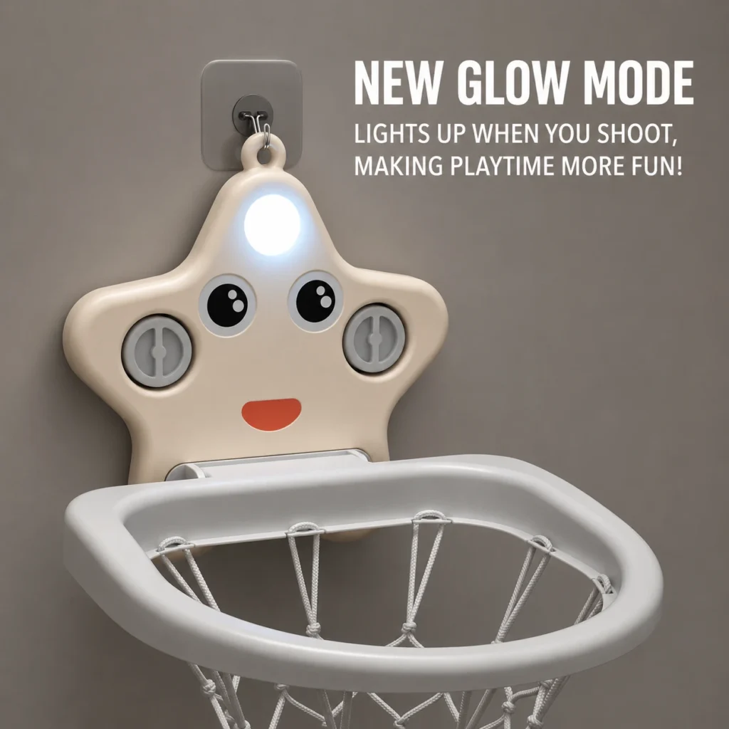 Multifunctional kids sports and basketball stands with an interactive glow mode that lights up when toddlers shoot goals.